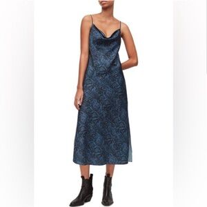 All Saints Hadley Cowl Neck Slip Dress Women’s Size 6 Blue Black Snake Print